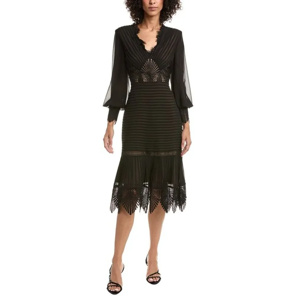 Tadashi Shoji Womens  Ridley Bishop Sleeve Midi Dress, Black